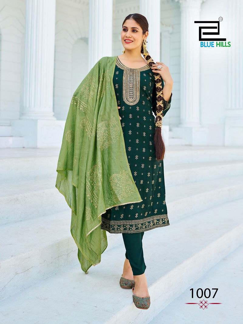 Swift By Blue Hills Rayon Foil Print Kurti With Bottom Dupatta Wholesale Shop In Surat
